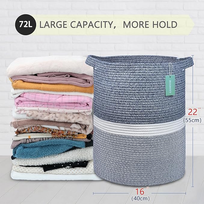 Large Blanket Basket, Nursery Hamper, Tall Laundry Basket 72L, Cotton Rope Woven Laundry Hamper for Storage Toys Clothes Towels, 16”x 22”, Blend Navy Blue & White