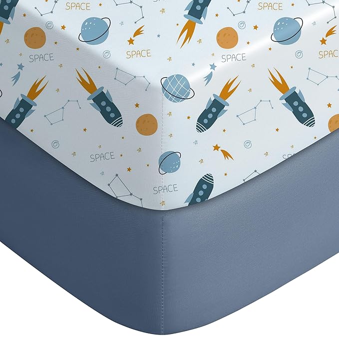 Yoofoss Pack and Play Sheets Fitted, Mini Crib Sheets 2-Pack for Pack N Play Mattress, Stretchy Playard Sheet, Soft and Breathable Blue Rocket