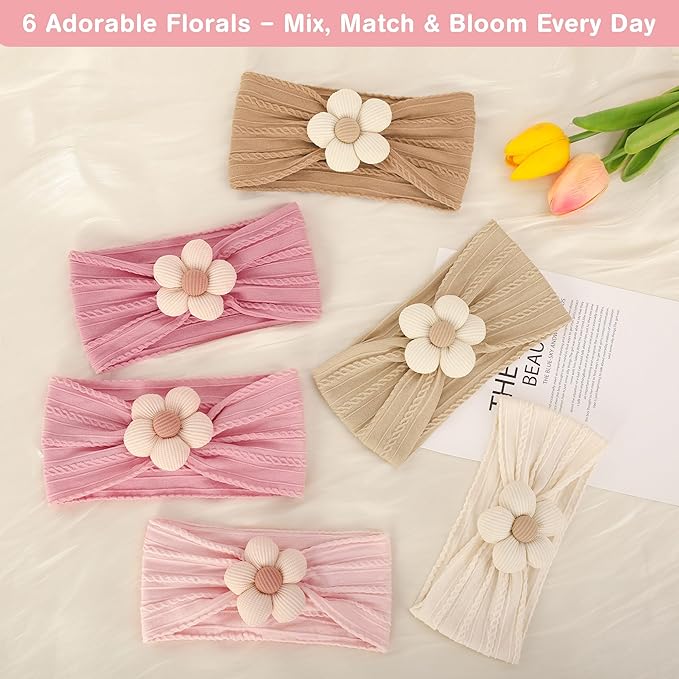 6 Pcs Baby Girls' Headbands Gifts for Newborn Infant Toddler Handmade Soft Comfortable Elasticity Nylon Baby Flower Hairbands Essentials Accessories