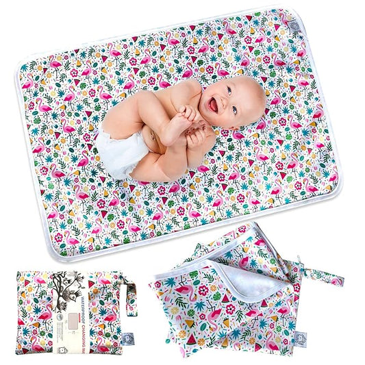 Flockthree Waterproof Baby Diaper Changing Pad with Storage Bag (28.7" X 19.7") Washable Wipeable Reusable Leak Proof Diaper Travel Mat Station Changing Mattress Liner Cribs Bed Cover, Flamingos