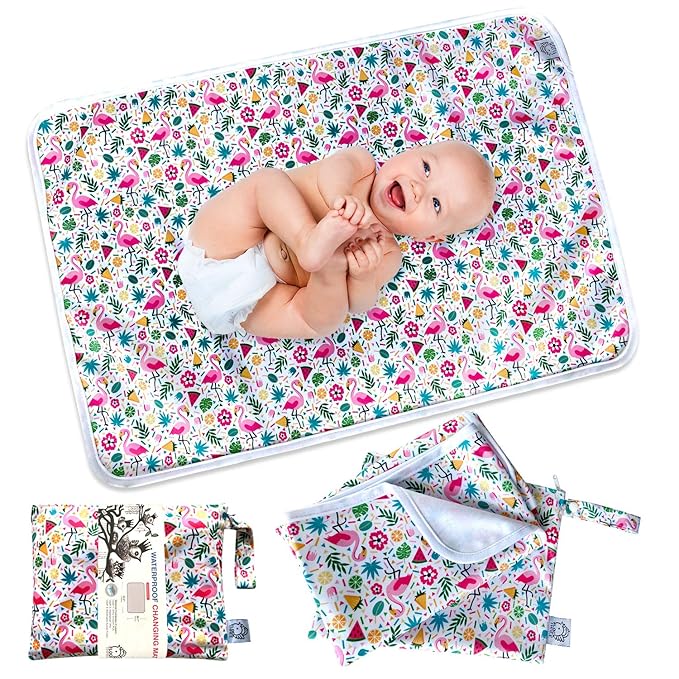 Flock Three Waterproof Baby Diaper Changing Pad with Storage Bag (43.3" X 28.7") Washable Wipeable Reusable Leak Proof Diaper Travel Mat Station Changing Mattress Liner Cribs Bed Cover, Flamingos