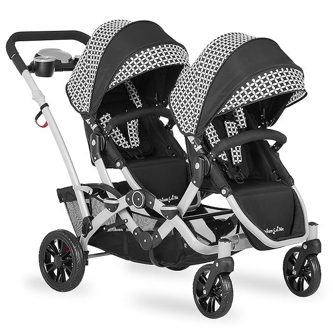 Dream On Me Track Tandem Double Umbrella Stroller in Black & White, Lightweight Double Stroller for Infant and Toddler, Multi-Position Reversible & Reclining Seats, Large Storage Basket and Canopy