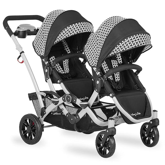 Dream On Me Track Tandem Double Umbrella Stroller in Black & White, Lightweight Double Stroller for Infant and Toddler, Multi-Position Reversible & Reclining Seats, Large Storage Basket and Canopy