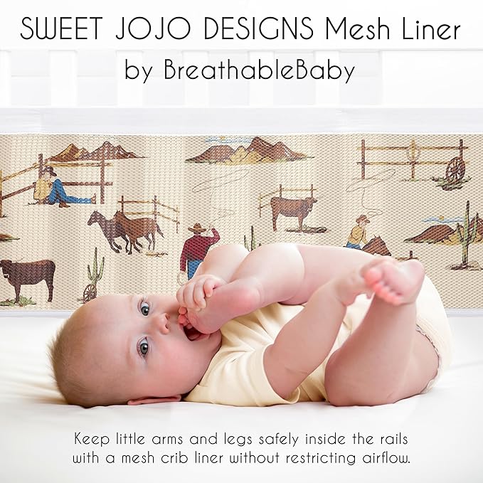 Sweet Jojo Designs + BreathableBaby 2-Piece Breathable Mesh Crib Liner Set (Western Cowboy) for Boys, Baby, Infants/Newborn Nursery (Tan, Brown, Wild West, Southern, Horse, Cow, Animal, Desert, Red)