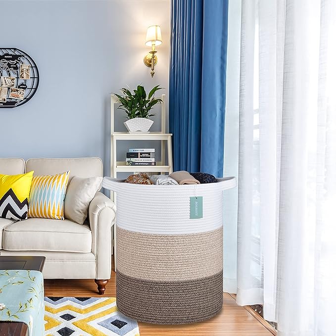 Large Blanket Basket, Nursery Hamper, Tall Laundry Basket 72L, Cotton Rope Woven Laundry Hamper for Storage Toys Clothes Towels, 16”x 22”, White & Gradient Brown