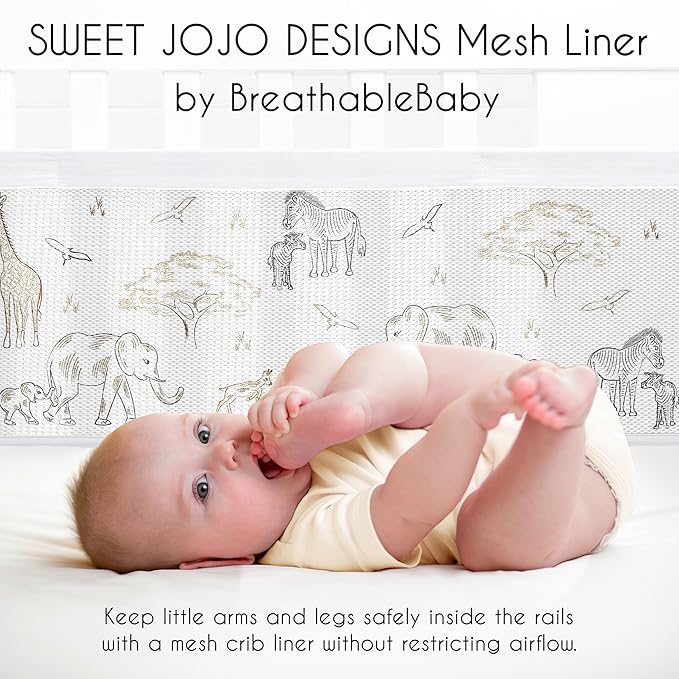Sweet Jojo Designs + BreathableBaby 2-Piece Breathable Mesh Crib Liner Set (Jungle Safari Animals) for Boys/Girls, Baby, Infants/Newborn Nursery (Animal, Giraffe, Adventure, Elephants, Beige, Black)