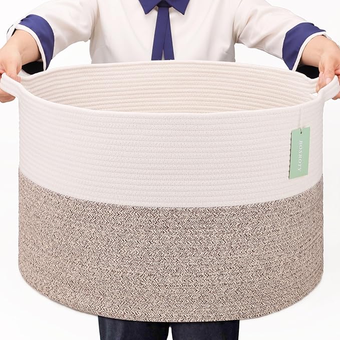 Extra Large Blanket Basket 87L, Laundry Hamper, Baby Nursery Hamper for Storage Toys Clothes Towels, Large Cotton Rope Laundry Basket for Girls Boys, 22”x 14”, White & Brown