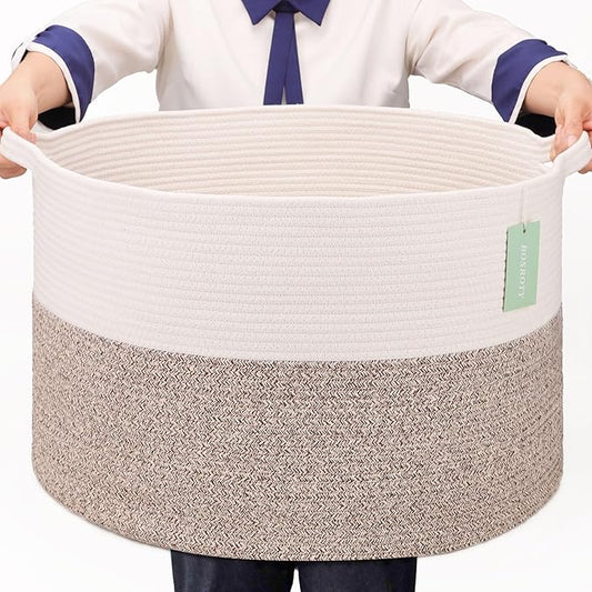 Extra Large Blanket Basket 87L, Laundry Hamper, Baby Nursery Hamper for Storage Toys Clothes Towels, Large Cotton Rope Laundry Basket for Girls Boys, 22”x 14”, White & Brown