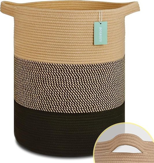 Large Blanket Basket, Nursery Hamper, Tall Laundry Basket 72L, Cotton Rope Woven Laundry Hamper for Storage Toys Clothes Towels, 16”x 22”, Brown & Black