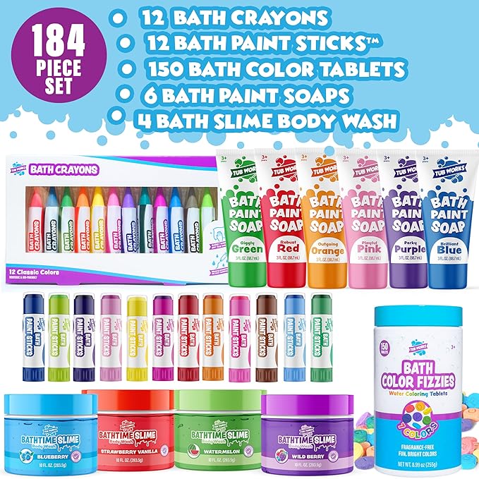 Tub Works® Kids Bath Toy Set | Nontoxic | Fizzy Bath Color Tablets (150 Count), Smooth™ Bath Crayons (12 Pack), Bath Paint Soap (6 Pack), Bath Paint Sticks™ (12 Pack) & Bath Slime Body Wash (4 Pack)