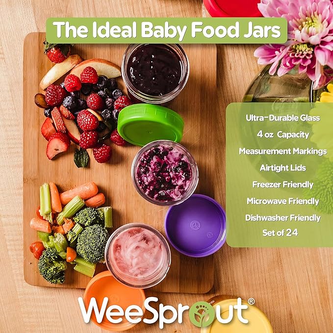 WeeSprout Baby Food Storage Glass Jars w/Lids (4 oz, 24 Pack) Bright Variety, Snack, Reusable Small Containers, Fridge or Freezer, Microwave & Dishwasher Safe, Essentials for Infants