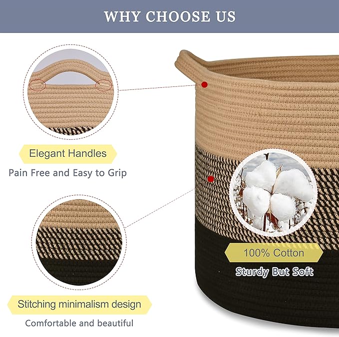 Extra Large Blanket Basket 87L, Laundry Hamper, Baby Nursery Hamper for Storage Toys Clothes Towels, Large Cotton Rope Laundry Basket for Girls Boys, 22”x 14”, Brown & Black