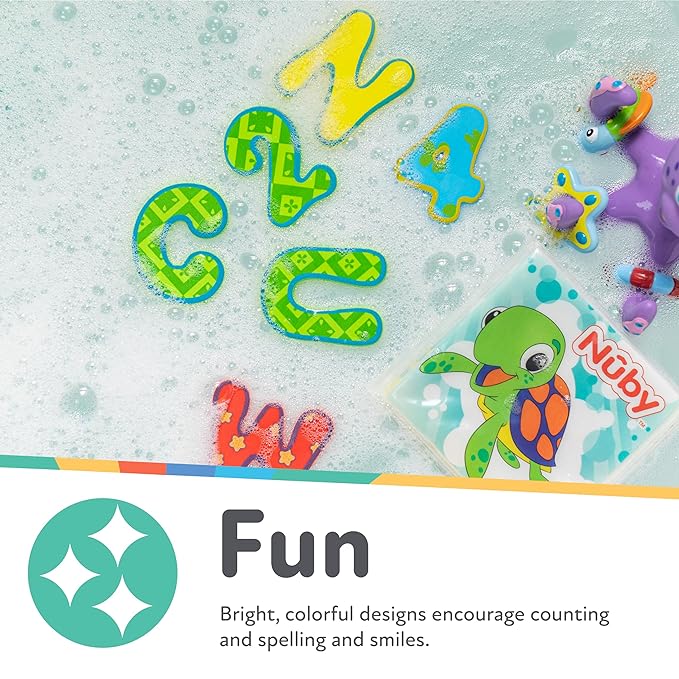 Nuby Floating Bath Tub Alphabet and Numbers Set - Soft Foam Waterproof Letters and Numbers - 36 Pieces - Educational Bath Toys for Kids - 3+ Years