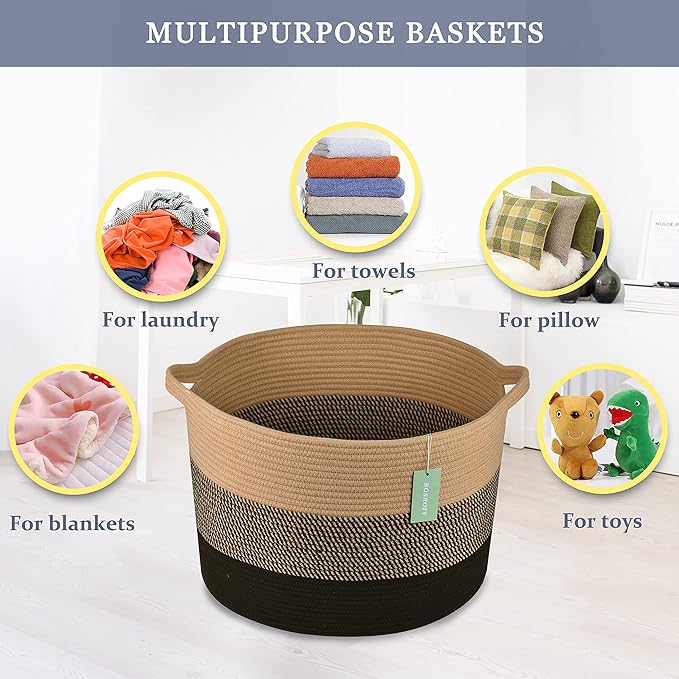 Extra Large Blanket Basket 87L, Laundry Hamper, Baby Nursery Hamper for Storage Toys Clothes Towels, Large Cotton Rope Laundry Basket for Girls Boys, 22”x 14”, Brown & Black