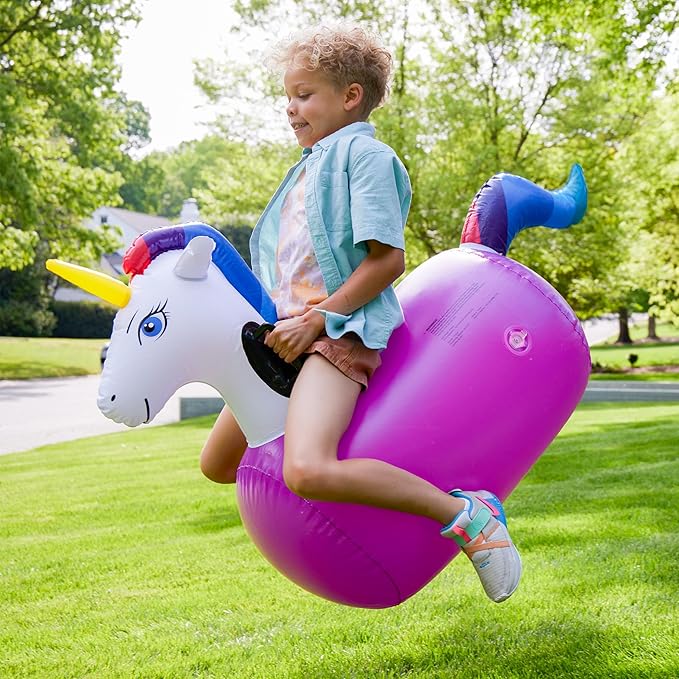 Hearthsong Hop N Go Inflatable Unicorn Riding Bouncy Hopping Toys for Kids Ages 5+ - Ride On Bouncer Animal Hopper Jumping Toys for Outdoor Games
