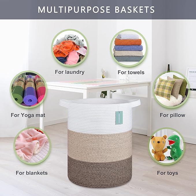 Large Blanket Basket, Nursery Hamper, Tall Laundry Basket 72L, Cotton Rope Woven Laundry Hamper for Storage Toys Clothes Towels, 16”x 22”, White & Gradient Brown
