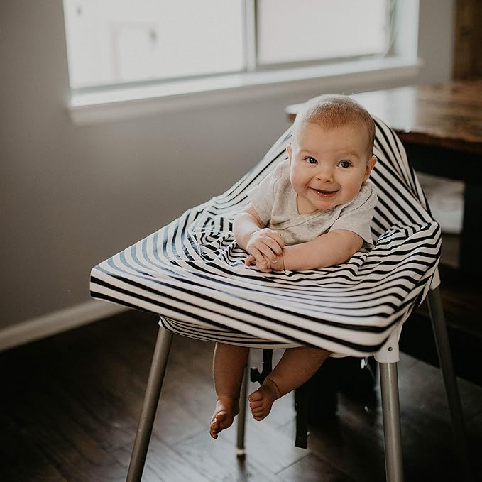 Parker Baby 4 in 1 Car Seat Cover for Boys - Stretchy Carseat Canopy, Nursing Cover, Grocery Cart Cover, High Chair Cover - Navy/White Stripes