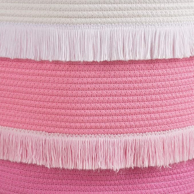 CherryNow Large Rope Basket – 16''x13'' Pink Decorative Woven Basket for Toys, Blankets, or Laundry, Cute Tassel Decor for Baby & Girl - Home Storage Container