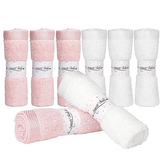 Sweet Child 8-Pack Baby Washcloths -Super Soft Rayon,Wash Cloths for Newborn,Infants and Kids, Bath Baby Towels, for Body and Face (Pink/White)