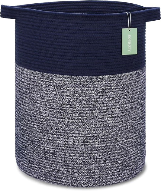 Large Laundry Hamper for Girls Boys Kids 72L, Nursery Hamper, Tall Laundry Basket, Cotton Rope Woven Blanket Basket for Storage Toys Clothes Towels, 16”x 22”, Navy Blue