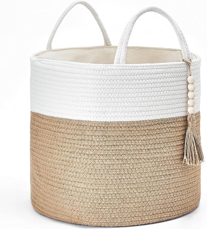 Mkono Woven Storage Basket Decorative Natural Rope Basket Wooden Bead Decoration for Blankets,Toys,Clothes,Shoes,Plant Organizer Bin with Handles Living Room Home, 16" Wx13.8 L, Cream White and Brown