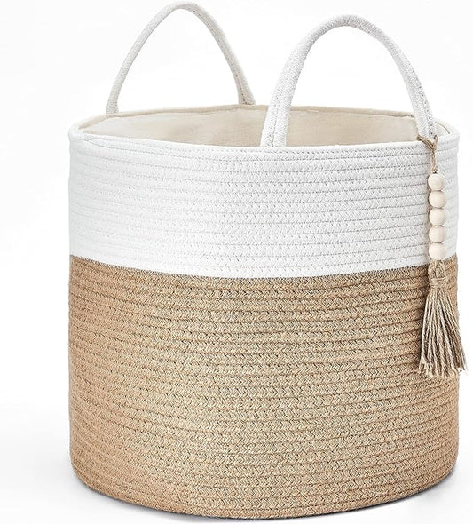 Mkono Woven Storage Basket Decorative Natural Rope Basket Wooden Bead Decoration for Blankets,Toys,Clothes,Shoes,Plant Organizer Bin with Handles Living Room Home, 16" Wx13.8 L, Cream White and Brown