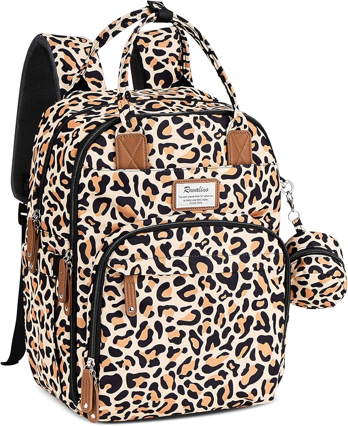 RUVALINO Diaper Bag Backpack-Multifunction Baby Travel Bag with Changing pad, Insulated Bottle Holders & Pacifier Case, Large Capacity, Waterproof, Yellow Leopard