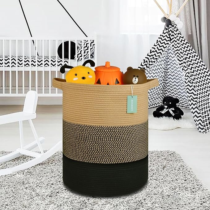 Large Blanket Basket, Nursery Hamper, Tall Laundry Basket 72L, Cotton Rope Woven Laundry Hamper for Storage Toys Clothes Towels, 16”x 22”, Brown & Black