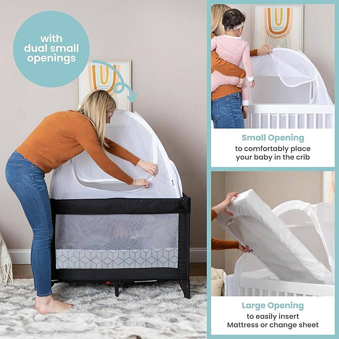 Premium Pack n Play Tent, Mini Crib Tent to Keep Baby from Climbing Out, Auto Pop Up Pack and Play Tent with Auto-Lock Zippers, Thick Velvety Breathable Mesh (Geometric Cubes)