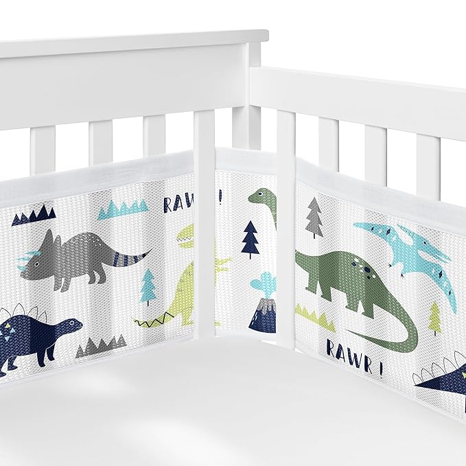 Sweet Jojo Designs + BreathableBaby 2-Piece Breathable Mesh Crib Liner Set (Blue/Green Modern Dinosaur) for Boys, Baby, Infants/Newborn Nursery (Mod Dino, Dinosaurs, Prehistoric, Boho, Bohemian)