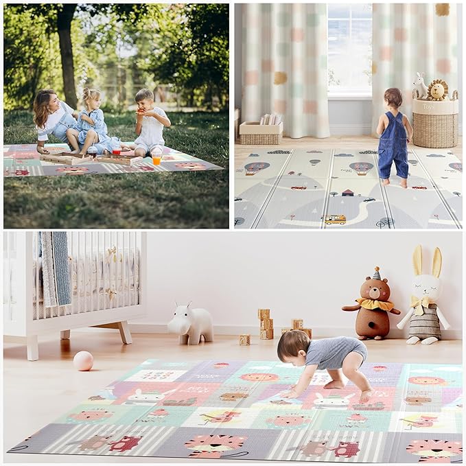 Foldable Baby Play Mat, Extra Large, Non-Toxic, Waterproof Activity Playmats for Babies, Education for Infant, Non-Slip Double Sided (79” x 71”and 0,4in Grey)