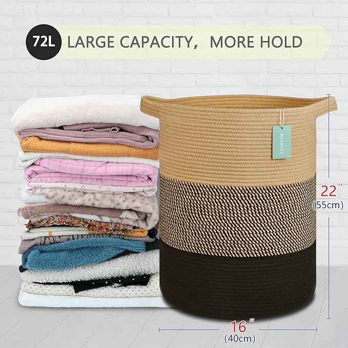 Large Blanket Basket, Nursery Hamper, Tall Laundry Basket 72L, Cotton Rope Woven Laundry Hamper for Storage Toys Clothes Towels, 16”x 22”, Brown & Black
