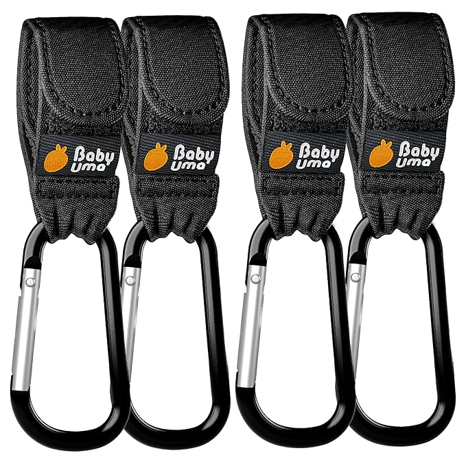 Baby Uma Baby Stroller Hooks for Bags - 4-Pack of Stroller Clips for Diaper Bag, Carry 11 lbs per Stroller Carabiner Clip, Adjustable Stroller Straps, Bag Hook, Universal Stroller Accessories