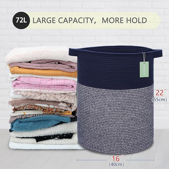 Large Laundry Hamper for Girls Boys Kids 72L, Nursery Hamper, Tall Laundry Basket, Cotton Rope Woven Blanket Basket for Storage Toys Clothes Towels, 16”x 22”, Navy Blue