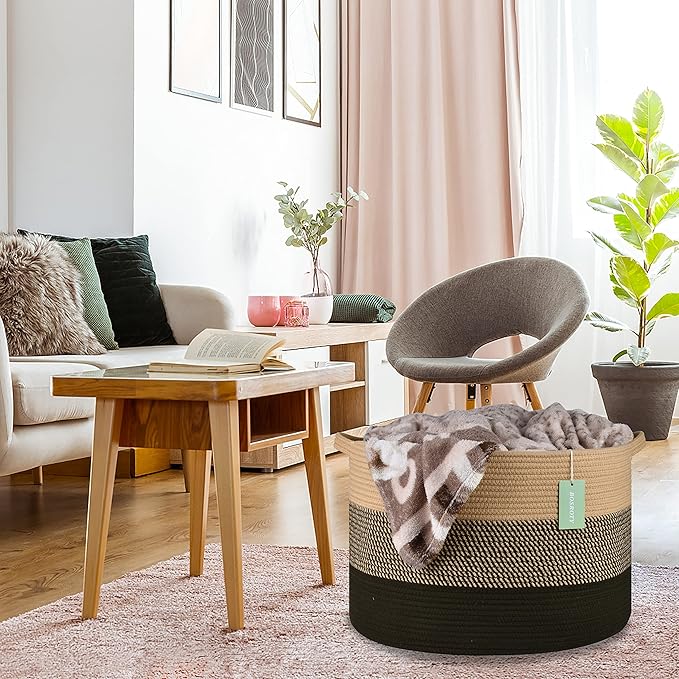 Extra Large Blanket Basket 87L, Laundry Hamper, Baby Nursery Hamper for Storage Toys Clothes Towels, Large Cotton Rope Laundry Basket for Girls Boys, 22”x 14”, Brown & Black