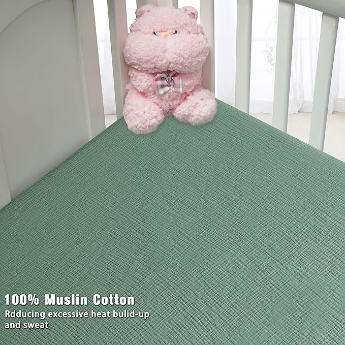 Muslin Crib Sheets for Boys Girls 100% Cotton Fitted Baby Crib Sheet 2 Pack Soft and Breathable for Standard Crib Mattress & Toddler Mattress 52x28in (Gray & Green)
