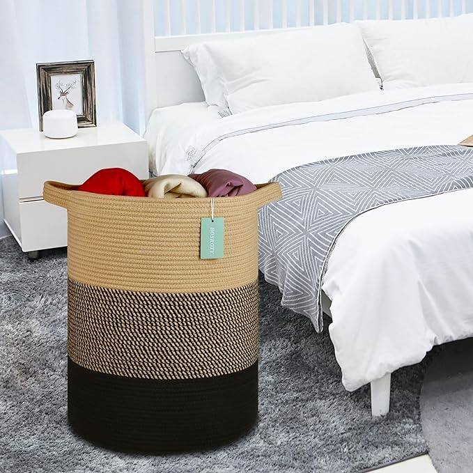 Large Blanket Basket, Nursery Hamper, Tall Laundry Basket 72L, Cotton Rope Woven Laundry Hamper for Storage Toys Clothes Towels, 16”x 22”, Brown & Black