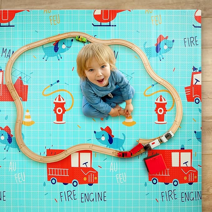 Bammax Extra Large Waterproof Foam Padded Baby Play Mat | Reversible & Foldable | 1 cm Thick Safe Baby Foam Play Mat | 70" x 78" | Cars & Fire Engine