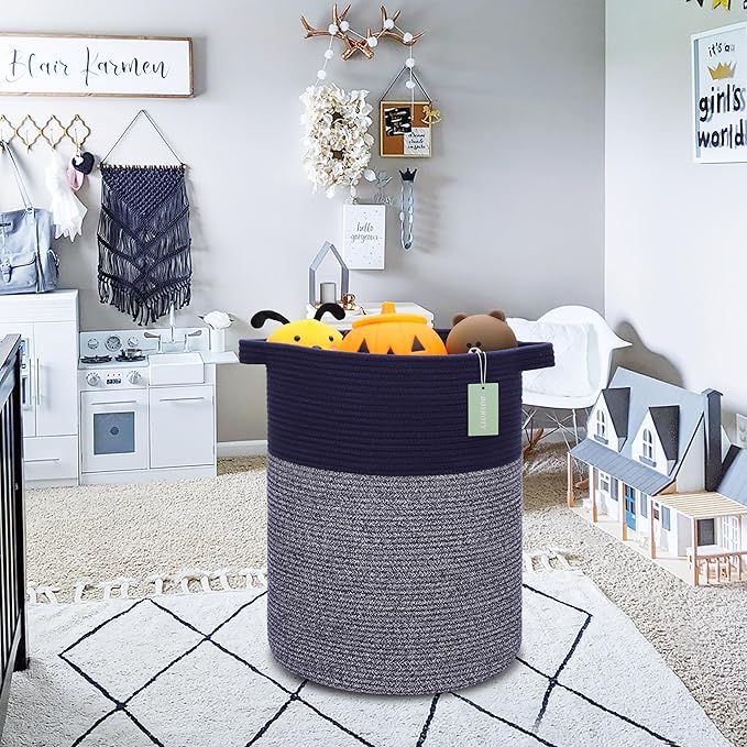 Large Laundry Hamper for Girls Boys Kids 72L, Nursery Hamper, Tall Laundry Basket, Cotton Rope Woven Blanket Basket for Storage Toys Clothes Towels, 16”x 22”, Navy Blue