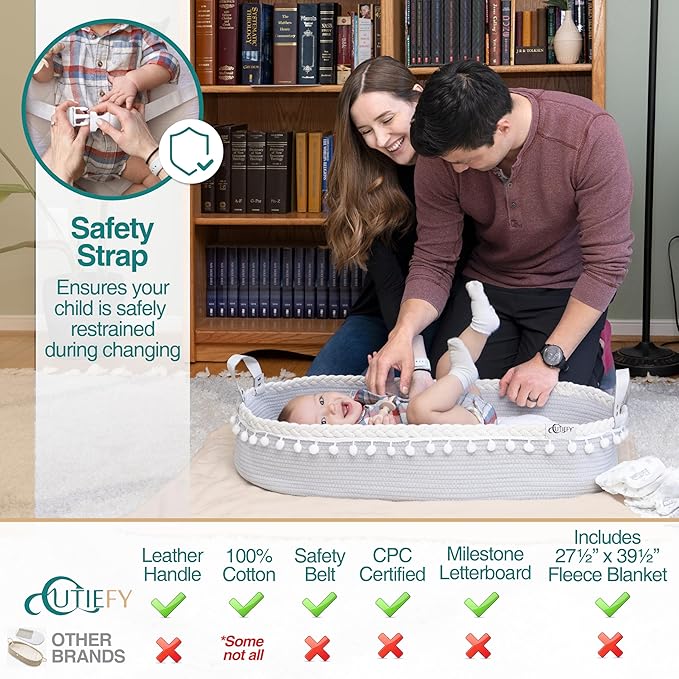 Baby Changing Basket - Portable Changing Pad for Dresser - Foldable Moses Basket for Babies - Includes Thick Pad, Felt Letter Board, Waterproof Pad Covers, Fleece Blanket, Cotton Carry Bag