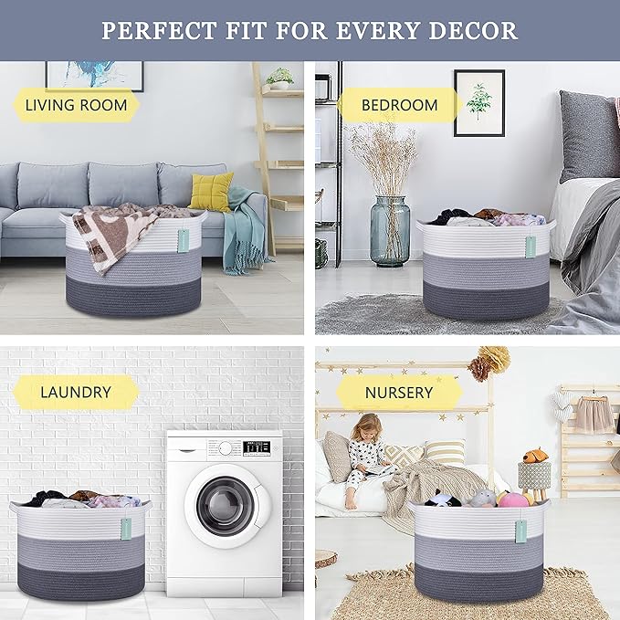 Extra Large Blanket Basket 87L, Laundry Hamper, Baby Nursery Hamper for Storage Toys Clothes Towels, Large Cotton Rope Laundry Basket for Girls Boys, 22”x 14”, White & Gray