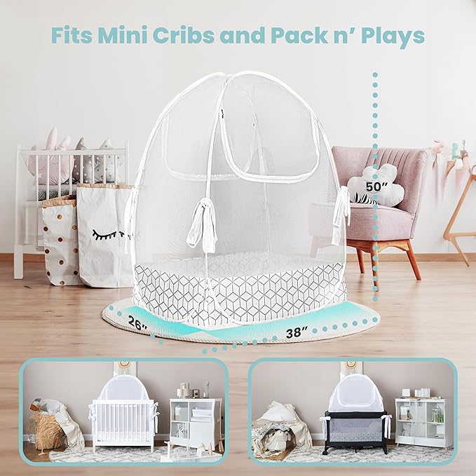 Premium Pack n Play Tent, Mini Crib Tent to Keep Baby from Climbing Out, Auto Pop Up Pack and Play Tent with Auto-Lock Zippers, Thick Velvety Breathable Mesh (Geometric Cubes)
