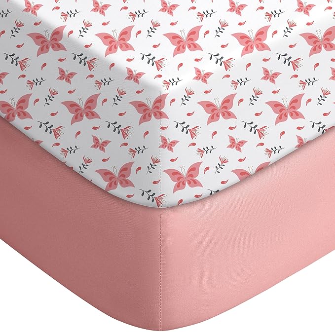 Yoofoss Baby Crib Sheets for Boys Girls, Fitted Crib Sheet 2 Pack for Standard Crib and Toddler Mattress, Super Soft Microfiber Baby Sheet 28x52x8in Pink + Butterflies