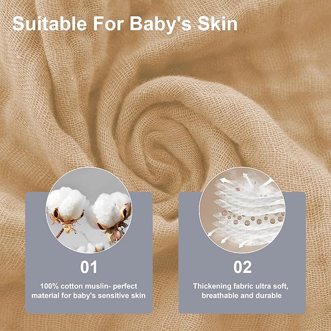 SWEET DOLPHIN 12 Pack Baby Muslin Washcloths - Soft Face Cloths for Newborn, Absorbent Bath Wash Cloths, Wipes, Burp Rag - Toddlers Essentials Stuff, Baby Registry as Shower -10"x10", Brown
