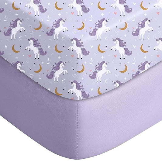 Yoofoss Pack and Play Sheets Fitted, Mini Crib Sheets 2-Pack for Pack N Play Mattress, Stretchy Playard Sheet, Soft and Breathable (Purple+Unicorn)