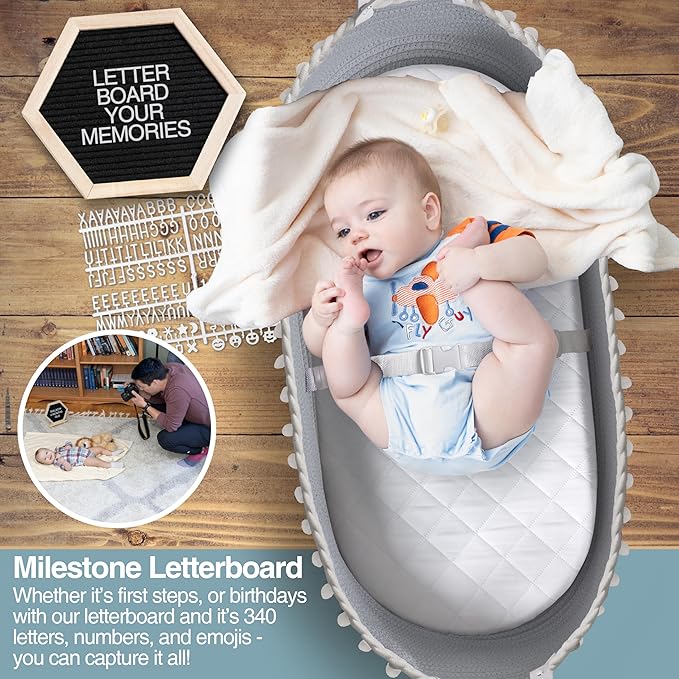 Baby Changing Basket - Portable Changing Pad for Dresser - Foldable Moses Basket for Babies - Includes Thick Pad, Felt Letter Board, Waterproof Pad Covers, Fleece Blanket, Cotton Carry Bag