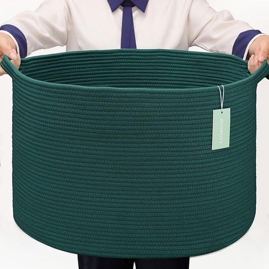 Extra Large Blanket Basket 87L, Laundry Hamper, Baby Nursery Hamper for Storage Toys Clothes Towels, Large Cotton Rope Laundry Basket for Girls Boys, 22”x 14”, Dark Green