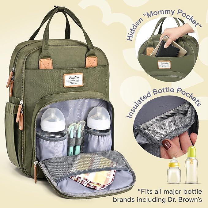 RUVALINO Diaper Bag Backpack-Expandable Baby Bag with up to 50% Capacity -Baby Essentials Bag with Changing Pad Insulated Bottle Holders & Pacifier Case, Waterproof, Army Green XL