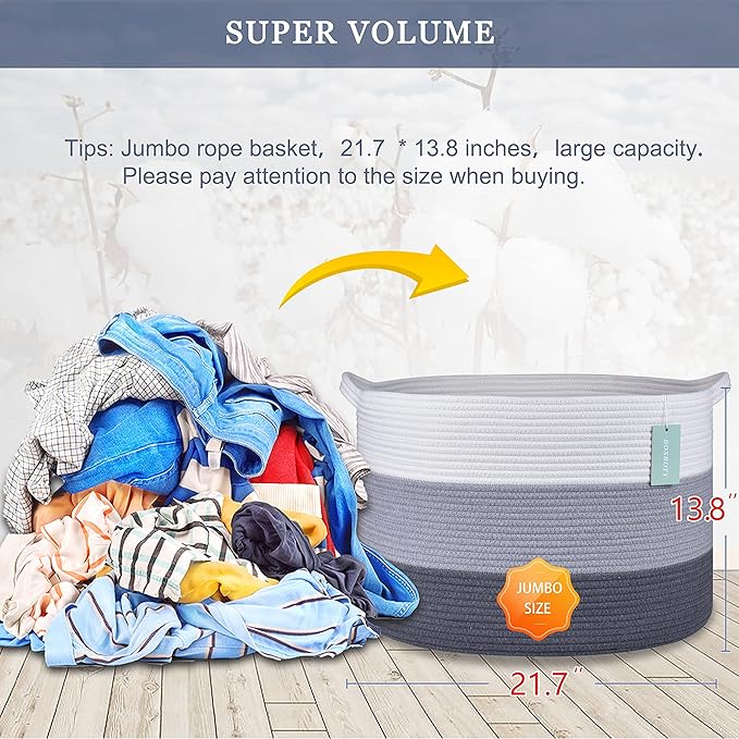 Extra Large Blanket Basket 87L, Laundry Hamper, Baby Nursery Hamper for Storage Toys Clothes Towels, Large Cotton Rope Laundry Basket for Girls Boys, 22”x 14”, White & Gray