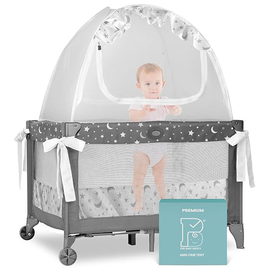 Premium Pack n Play Tent, Mini Crib Tent to Keep Baby from Climbing Out, Auto Pop Up Pack and Play Tent with Auto-Lock Zippers, Thick Velvety Breathable Mesh (Stars & Moons - Ruffles)